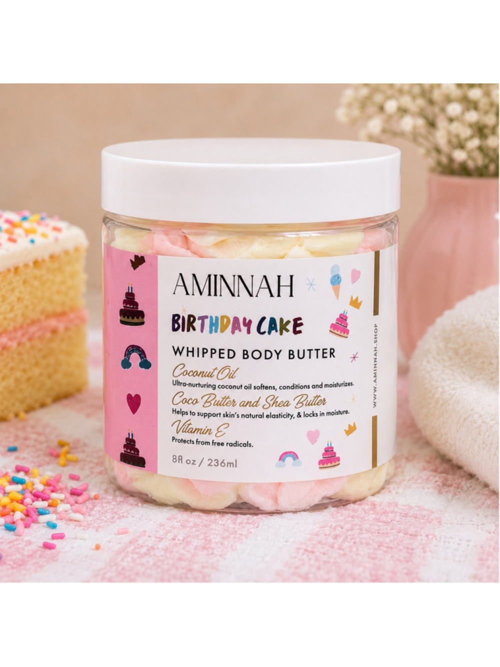 AMINNAH Birthday Cake Whipped Body Butter 8 oz | Shea, Cocoa & Coconut Oil